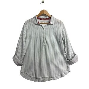 Isabella Sinclair Women's Shirt M Linen Blend Stripe Lace Back Coastal Top